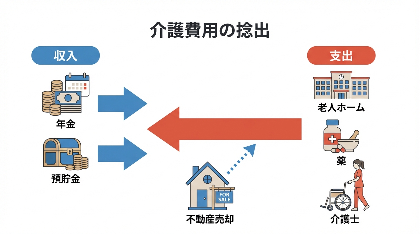 成年後見での不動産売却理由として、収入と介護費用の支出バランスを図で示したインフォグラフィック。