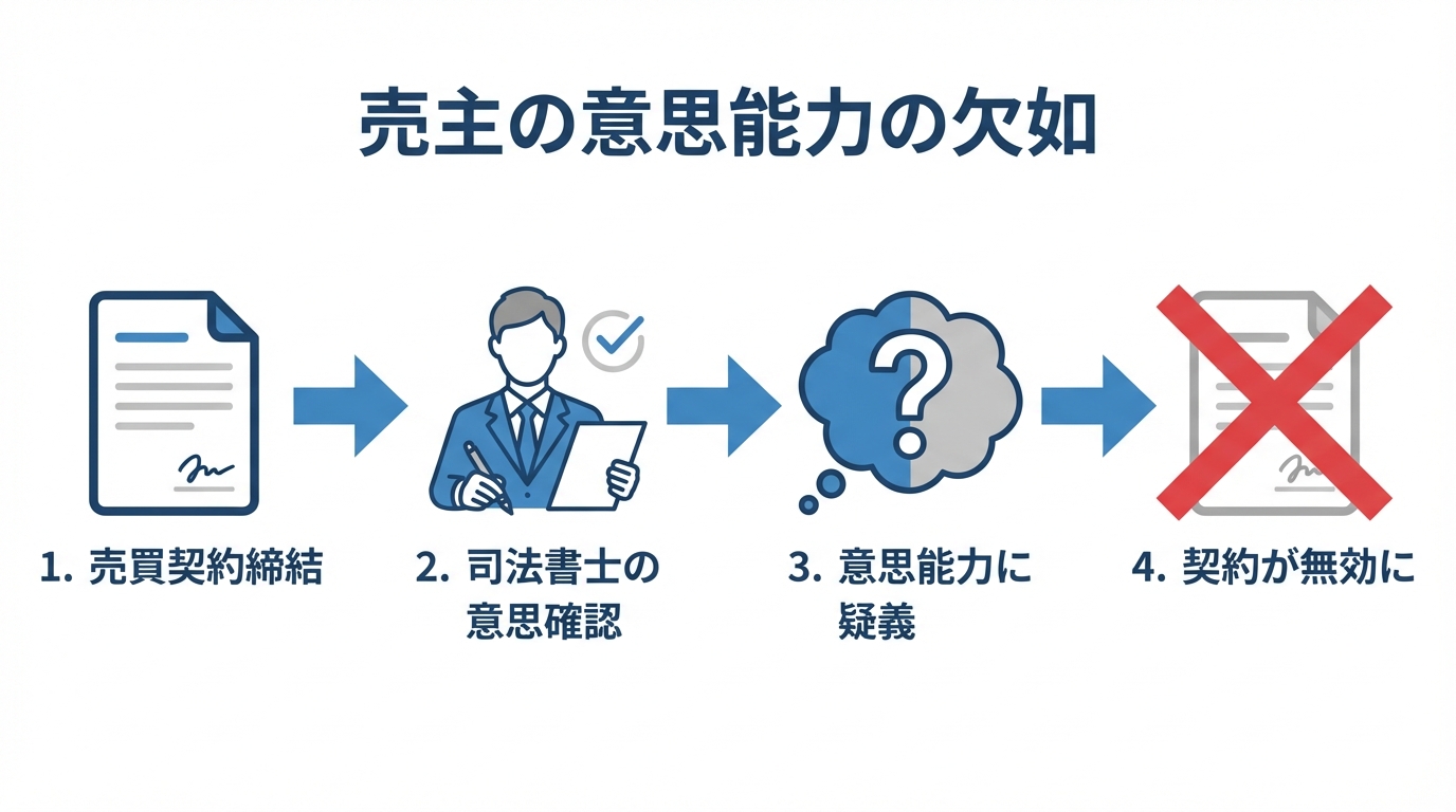 不動産売買契約が意思能力の欠如により無効になる流れを示した図解
