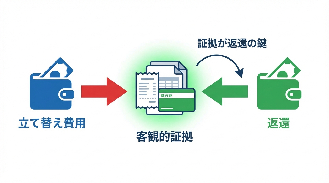 立て替え費用が客観的証拠に基づいて返還される流れを示す図解。