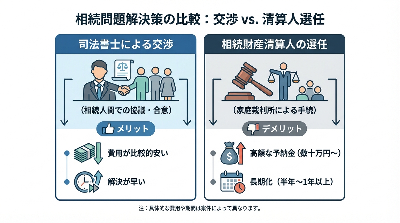 放置車両問題の解決策を比較する図解。司法書士による交渉が費用と時間面で優れているのに対し、相続財産清算人選任は高額な予納金と長い期間がかかることを示している。