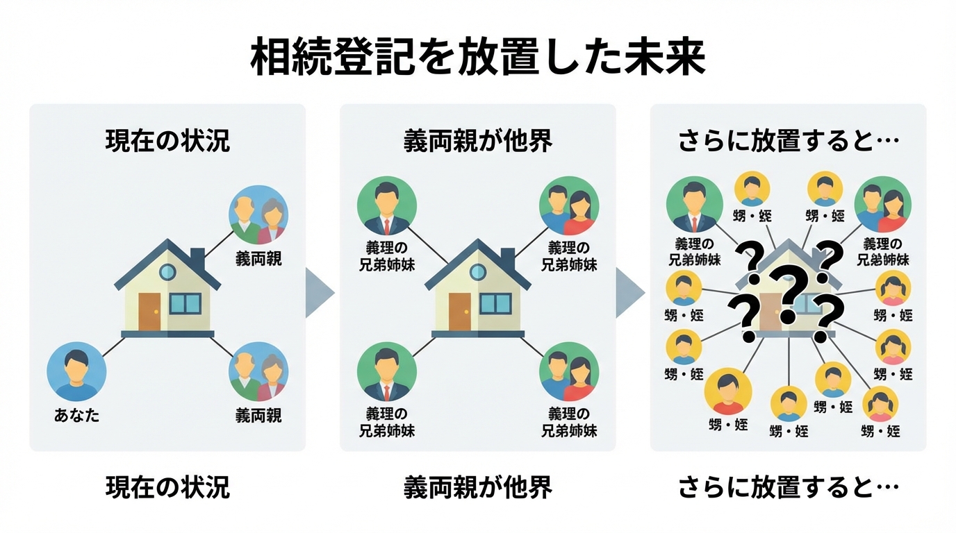 数次相続により相続人が増えていくリスクを示した図解。相続登記を放置すると、義両親から義理の兄弟姉妹、甥・姪へと関係者が増え、手続きが困難になる様子を表している。
