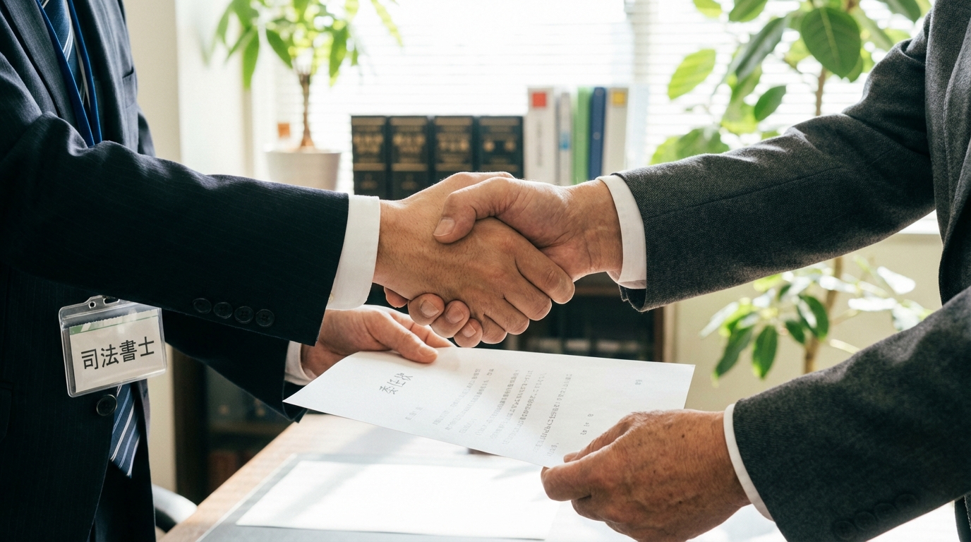 司法書士が大家さんから簡裁代理権の委任を受け、交渉を代行することを示すイメージ