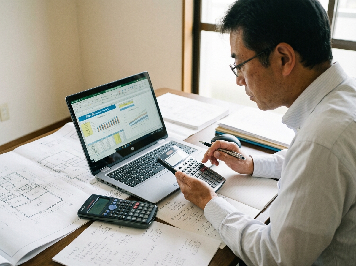 司法書士が不動産売却の手取り額を精密に計算している様子