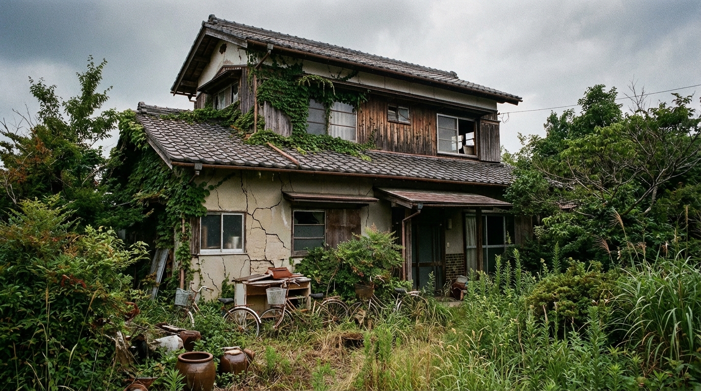 管理されずに庭が荒れ果てた空き家。成年後見での不動産売却を検討するきっかけとなる状況。