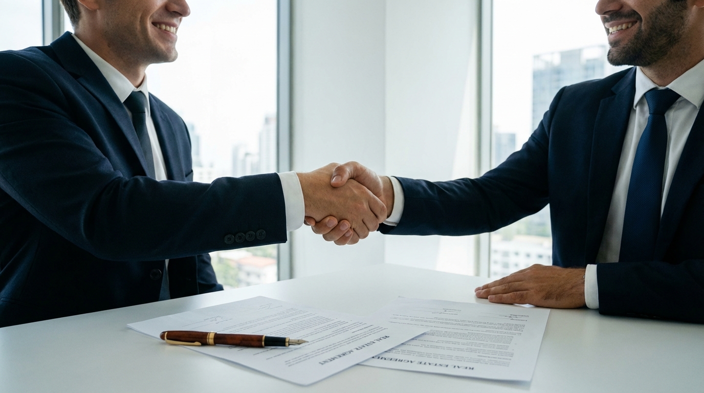 不動産売買の決済日延長に関する覚書を締結し、握手を交わす当事者。円満な交渉成立のイメージ。