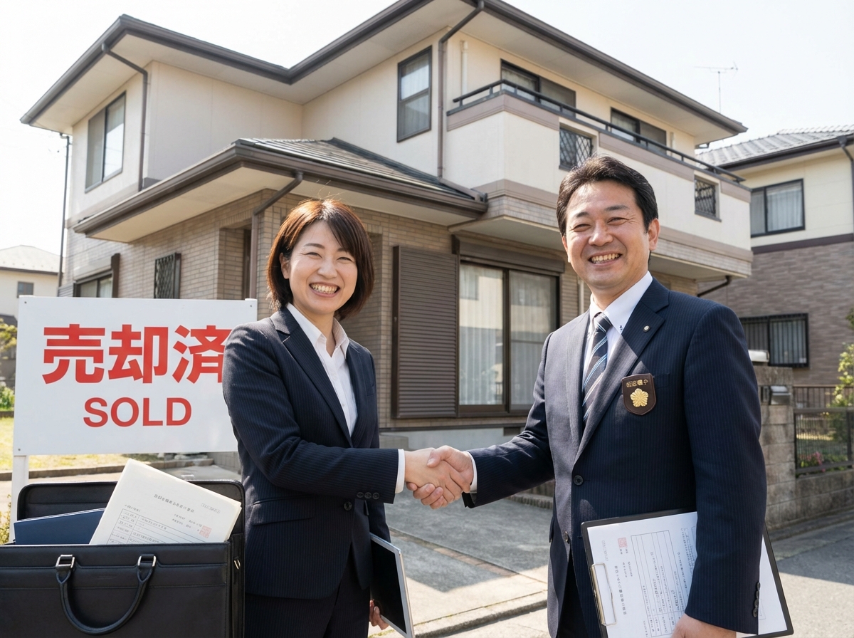不動産売却を成功させた司法書士と不動産業者。専門家同士の連携による問題解決を象徴している。