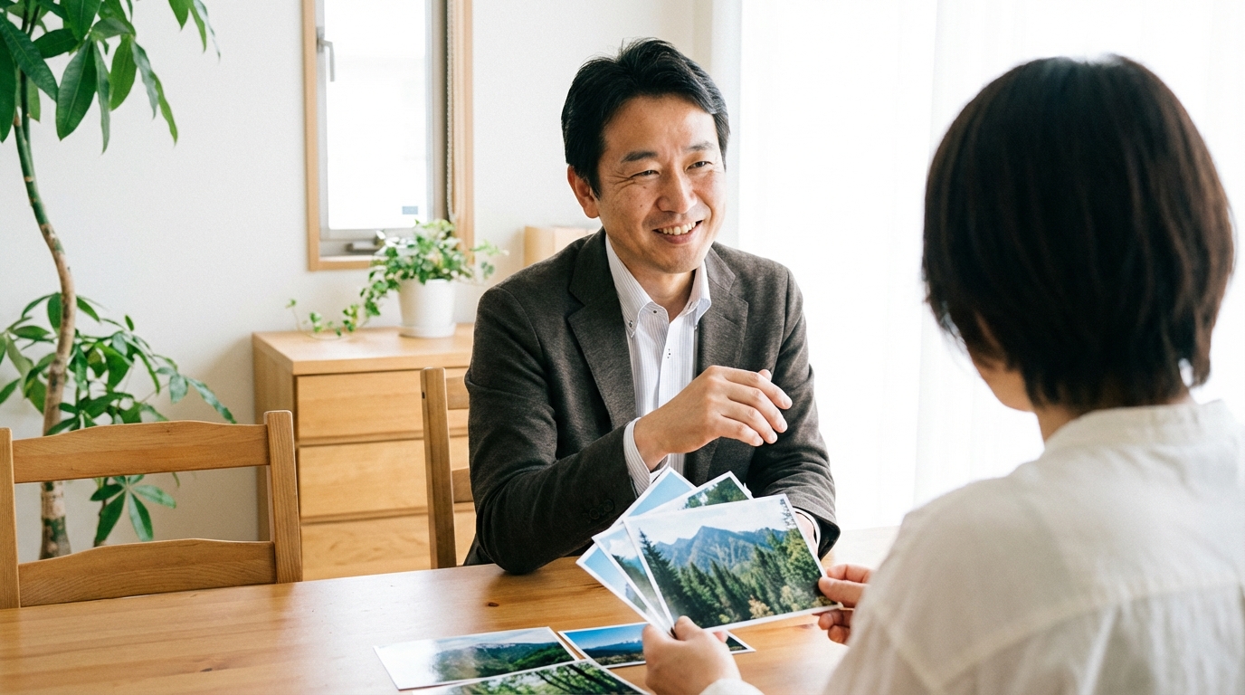 司法書士が山林の相続について相談に乗っている様子。相談者に寄り添う姿勢を示している。