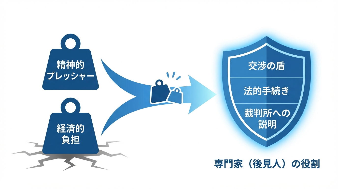 成年後見人が親族の精神的・経済的負担を軽減する「盾」としての役割を果たすことを示す図解。