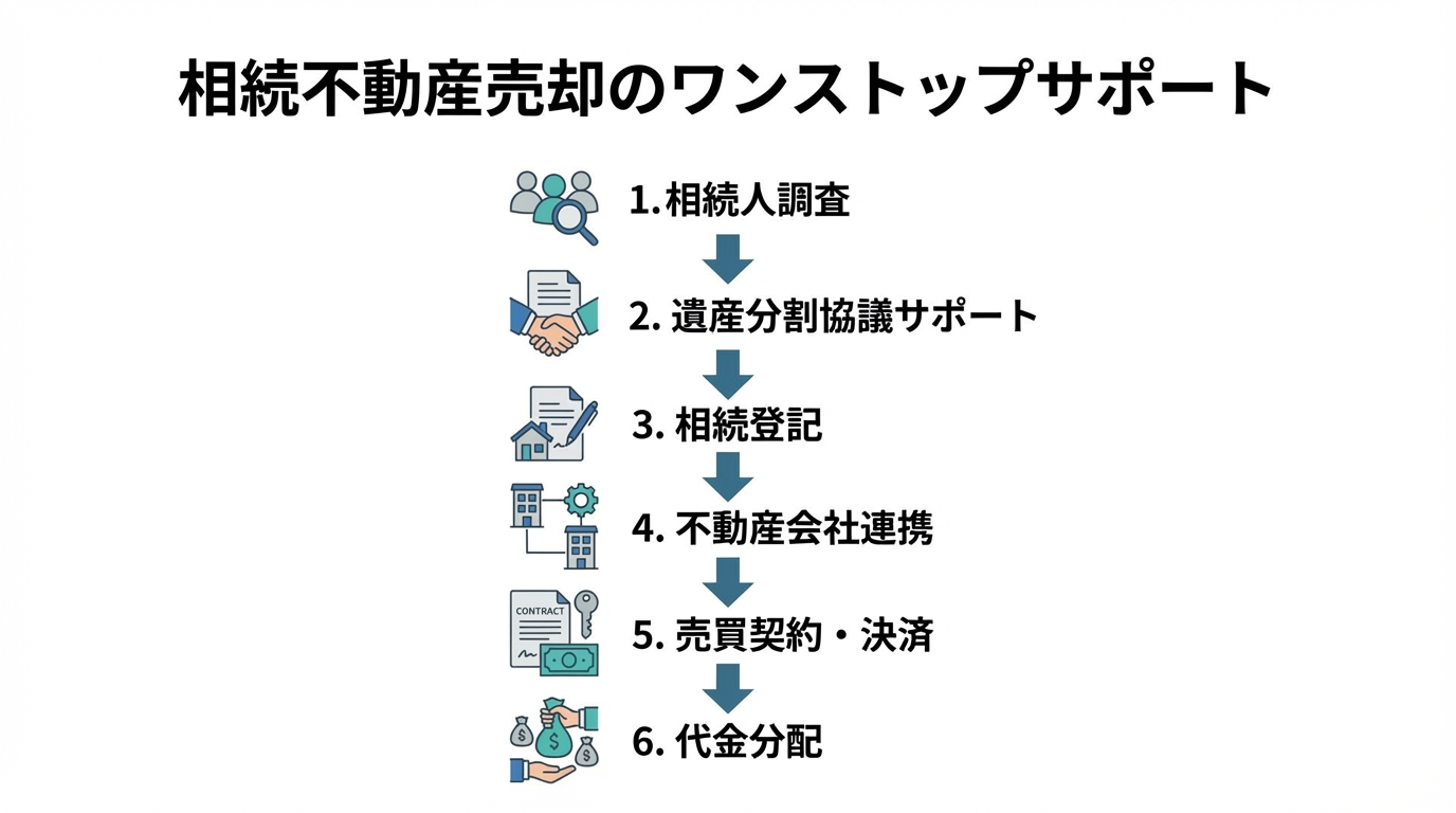 相続不動産を売却する際の司法書士によるサポートの流れを示した図解