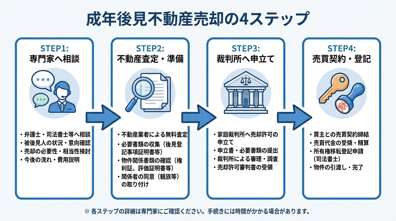 成年後見制度における不動産売却手続きの4つのステップを示したフローチャート。