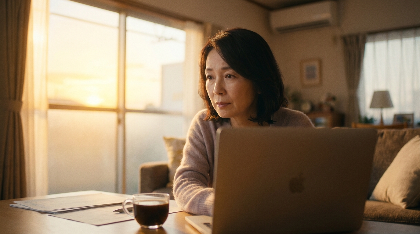 遠方に住む親を思い、成年後見制度についてパソコンで調べている女性のイメージ