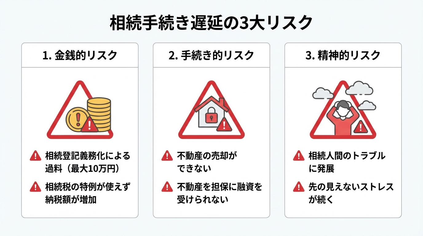 相続手続きが遅れることによる3つの重大なリスク（金銭的・手続き的・精神的）をまとめた図解。