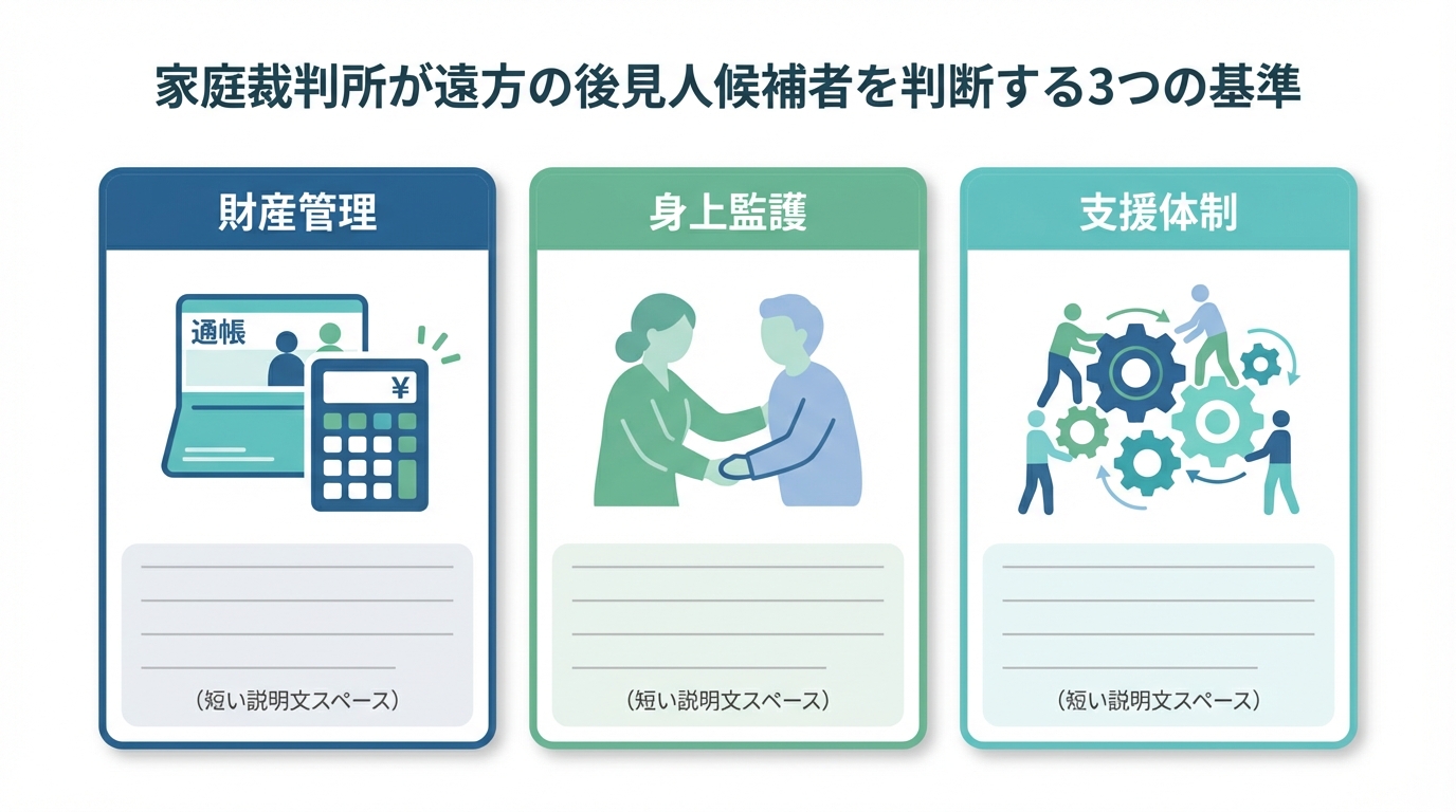 家庭裁判所が遠方の成年後見人候補者を判断する3つの基準「財産管理」「身上監護」「支援体制」を示した図解