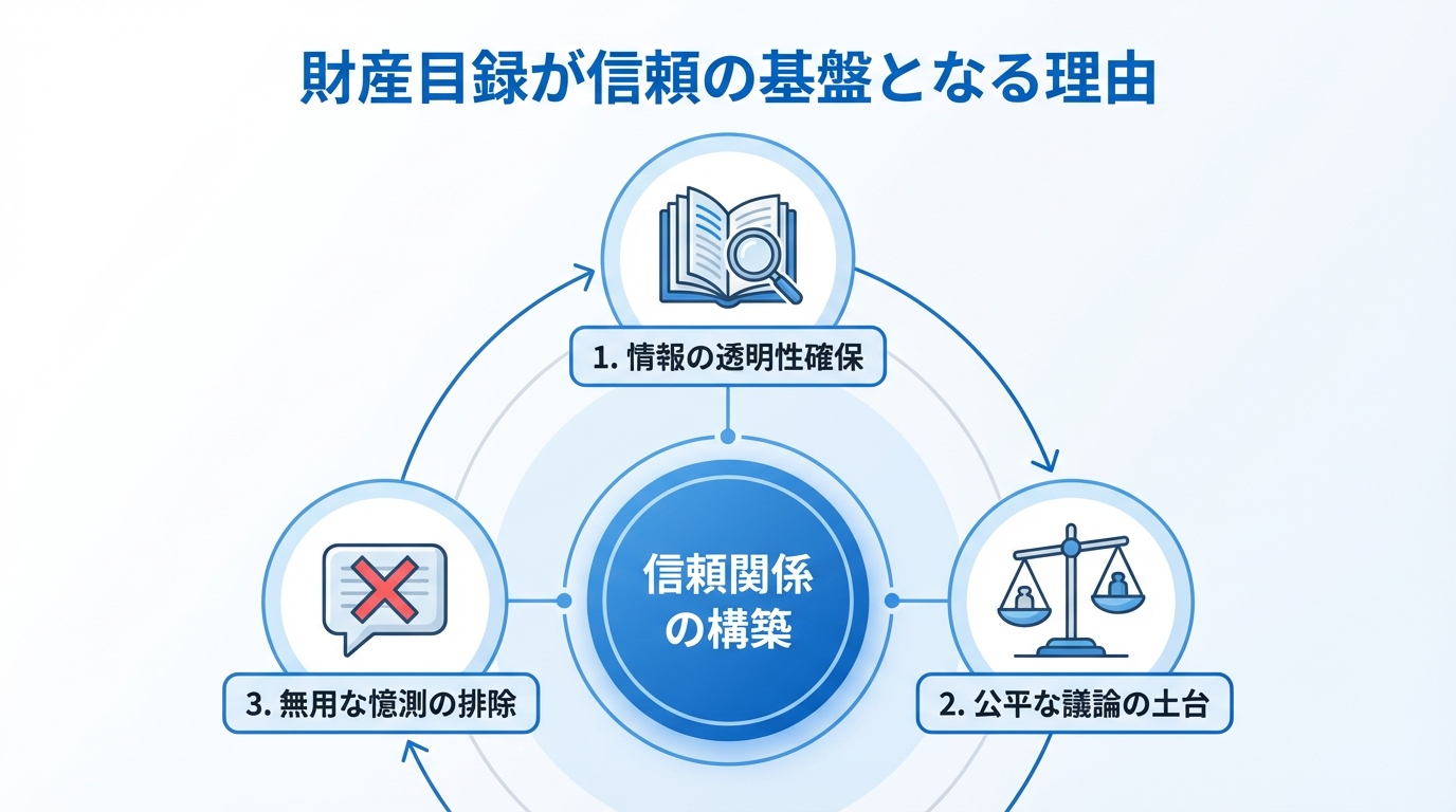 財産目録が相続における信頼の基盤となる3つの理由を示した図解。
