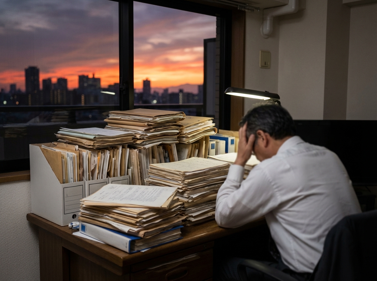 書類の山を前に頭を抱える人。信頼できない司法書士を選んだことによる後悔とストレスを象徴しています。