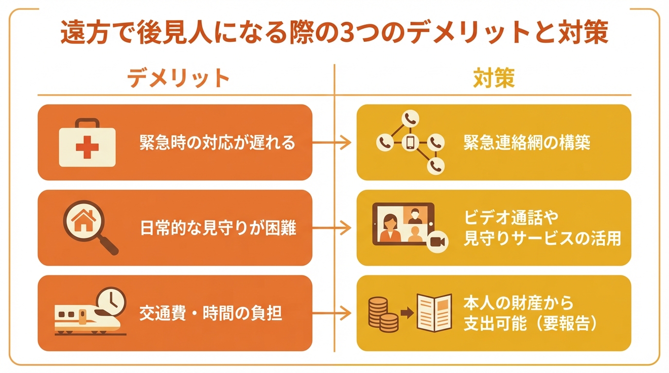 遠方で成年後見人になる際のデメリット「緊急対応」「見守り」「費用負担」と、それぞれの対策をまとめた図解