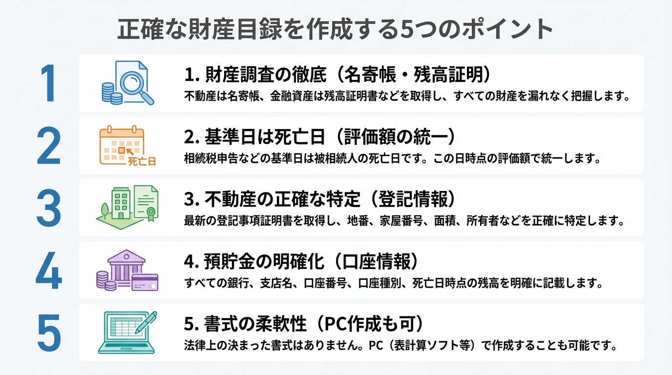 司法書士が解説する、正確な財産目録を作成するための5つの実務上の注意点をまとめた図解。