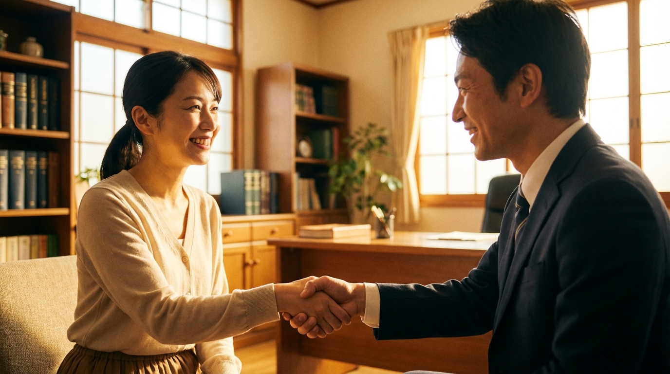 問題が解決し、司法書士と握手をする相談者。信頼できる専門家を見つけ、安心した様子を表しています。