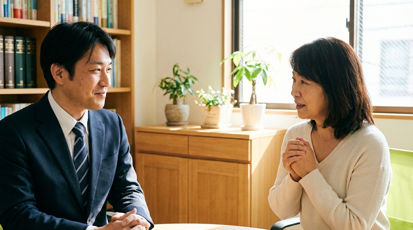 個人事務所の強みである、相談者に親身に寄り添う司法書士の様子。