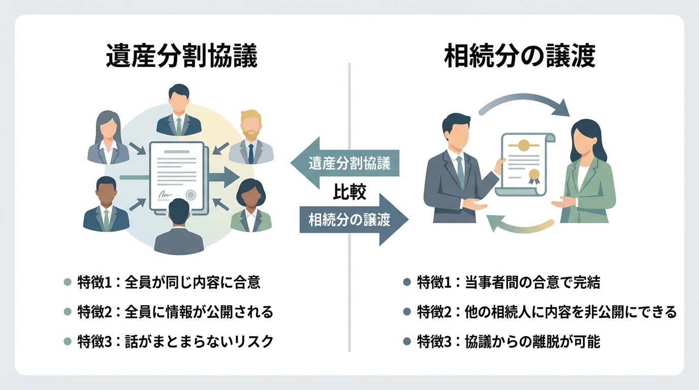 遺産分割協議と相続分の譲渡の比較図解。遺産分割協議は全員の合意が必要で情報が公開されるのに対し、相続分の譲渡は当事者間で完結し協議から離脱できる点をイラストで示している。