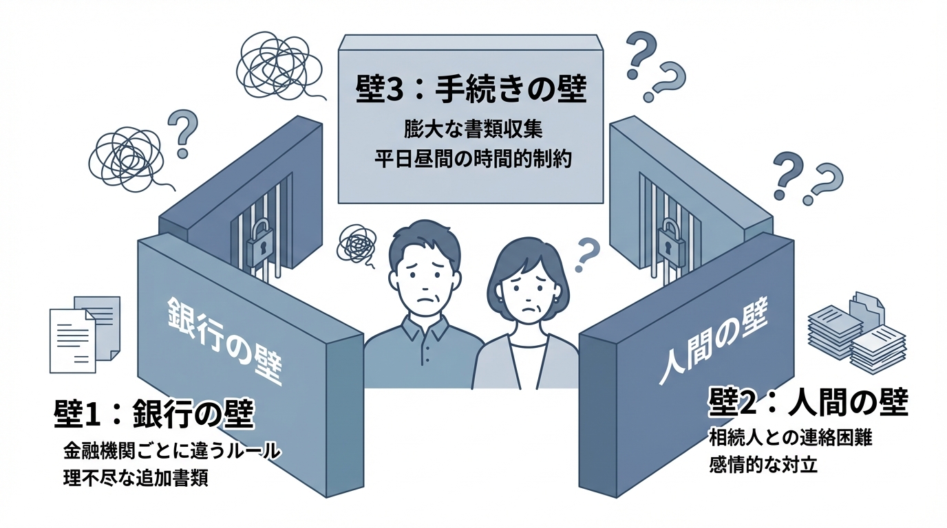 相続手続きで多くの人が直面する「銀行の壁」「人間の壁」「手続きの壁」という3つの困難を図解したインフォグラフィック。