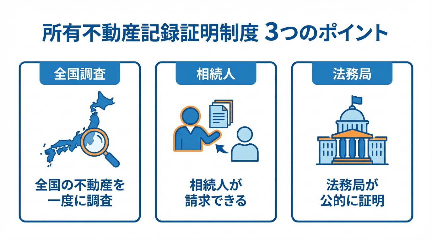 所有不動産記録証明制度の3つのポイントを解説した図解。全国の不動産を一度に調査、相続人が請求できる、法務局が公的に証明という特徴がアイコン付きで示されている。