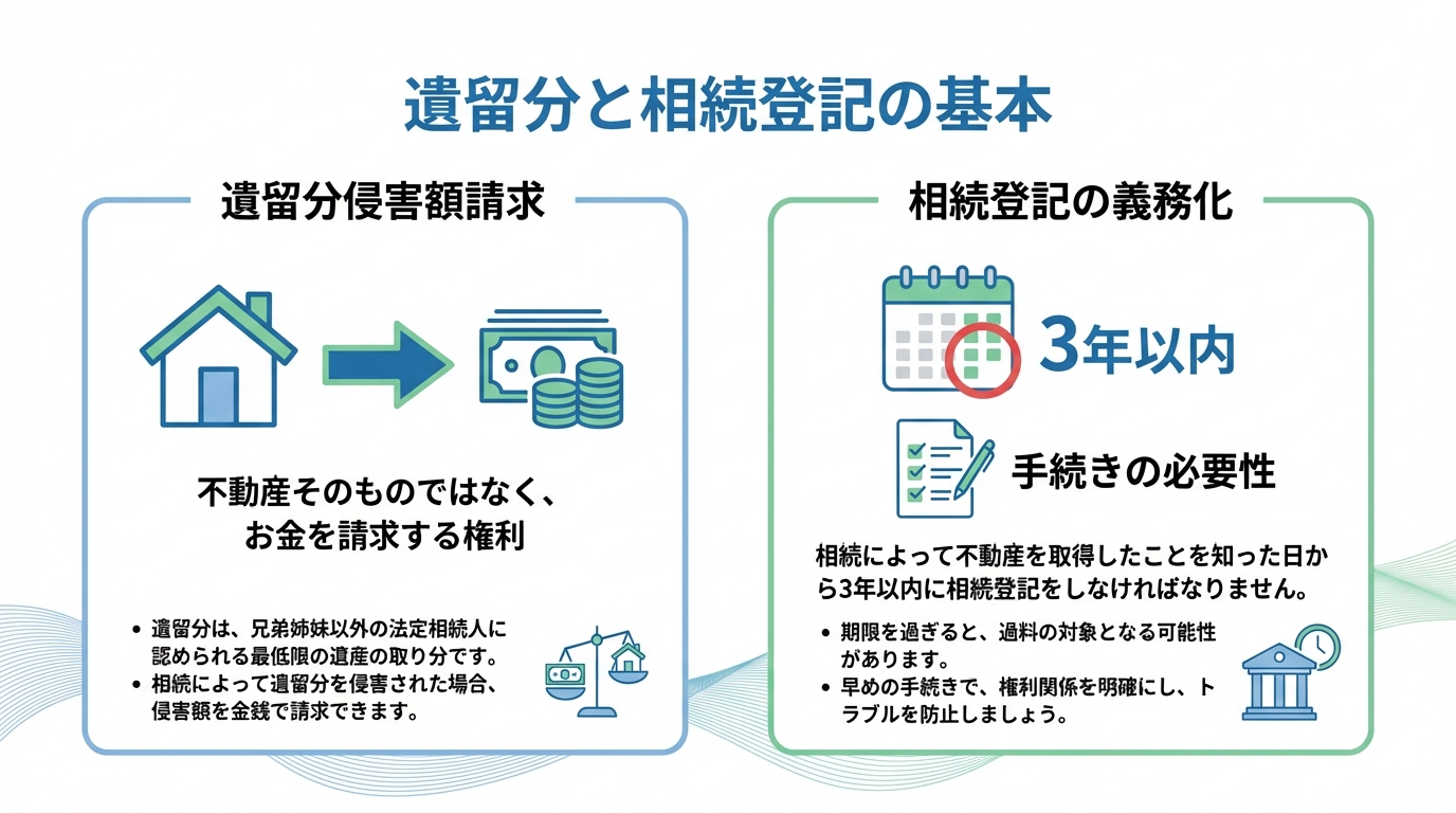 遺留分と相続登記の基本を図解したインフォグラフィック。遺留分が金銭請求であること、相続登記が3年以内に義務化されたことを示している。
