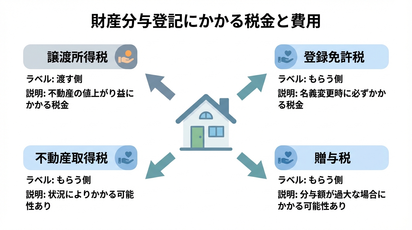 離婚時の財産分与登記で発生する可能性のある4つの税金（譲渡所得税、登録免許税、不動産取得税、贈与税）の関係性をまとめた図解。