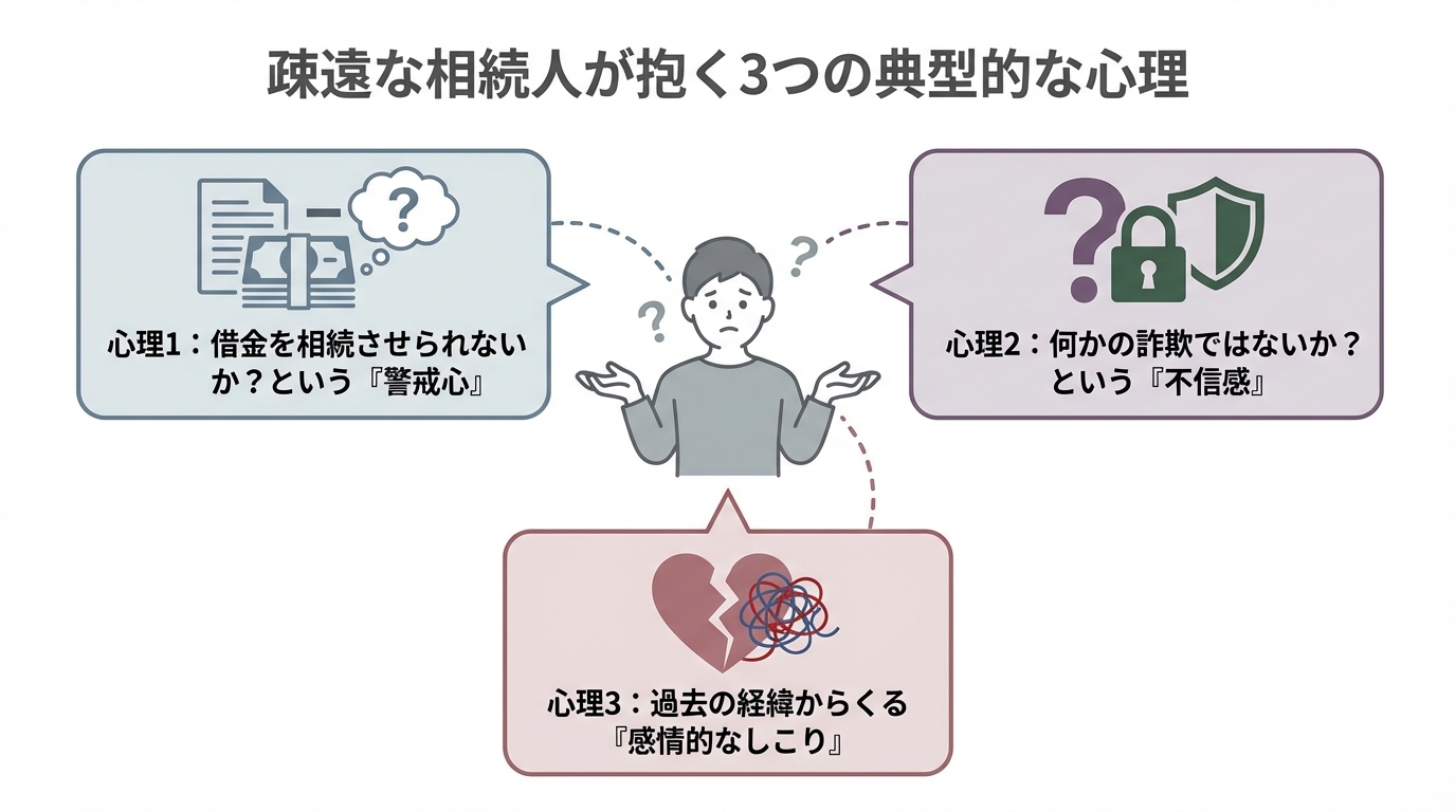 疎遠な相続人が抱く3つの典型的な心理「借金への警戒心」「詐欺への不信感」「感情的なしこり」を図解したインフォグラフィック。