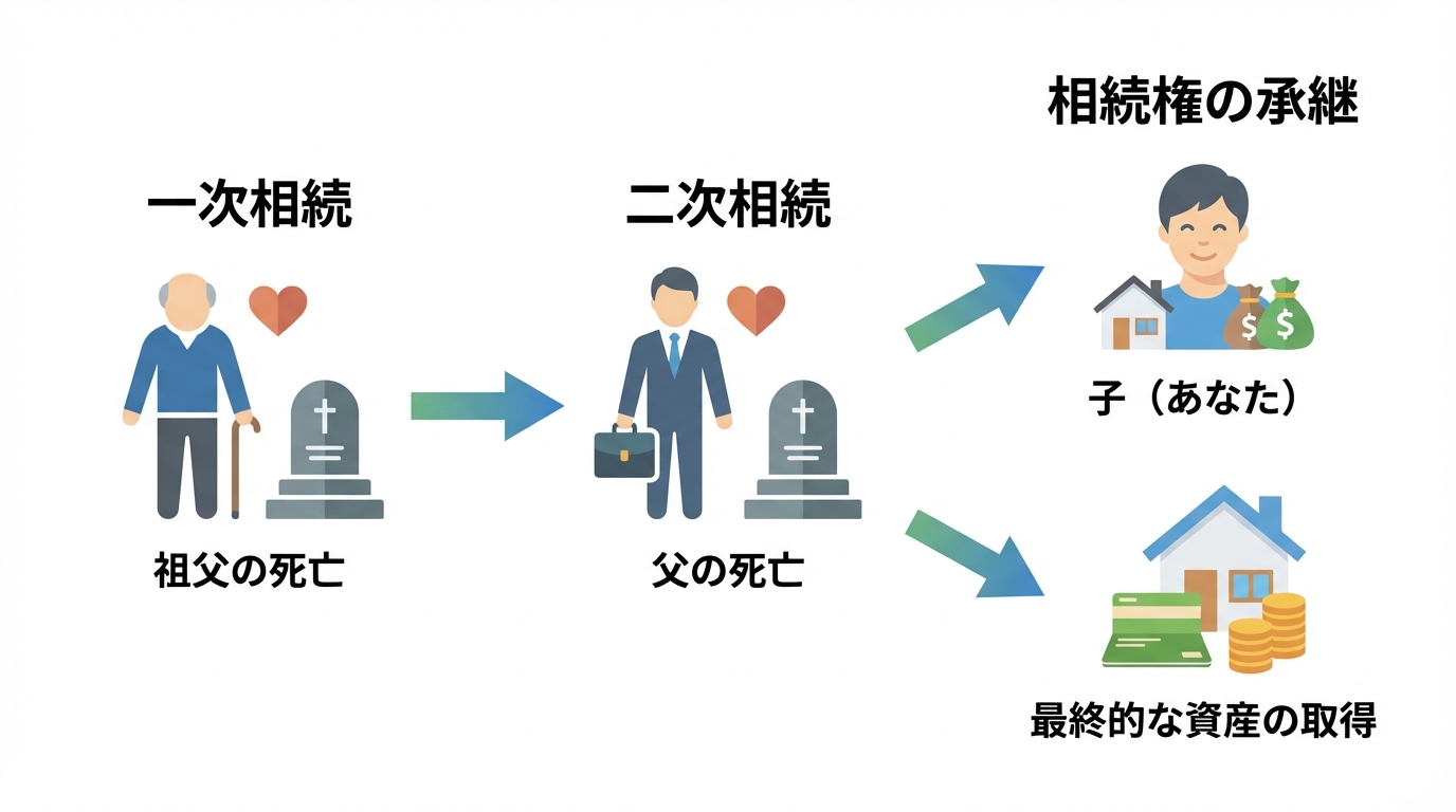数次相続の仕組みを図解。祖父が亡くなる一次相続の後、遺産分割前に父が亡くなる二次相続が発生し、父の相続権が子に引き継がれる流れを示している。