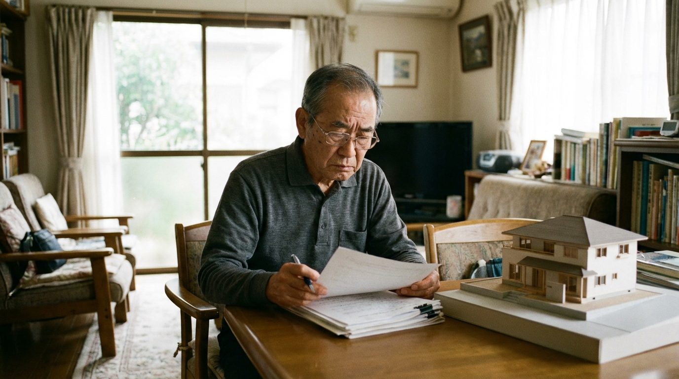自宅のリビングで、家の相続について真剣に考えている様子の初老の男性。