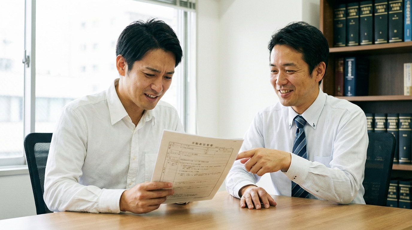 司法書士から会社設立登記についてアドバイスを受ける起業家の男性。登記簿の重要性を真剣に聞いている様子。