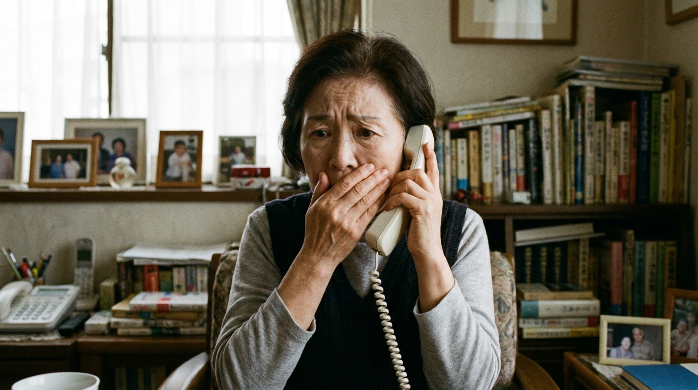 電話口で不安そうな表情を浮かべる高齢女性。高齢者詐欺の危険性を暗示している。