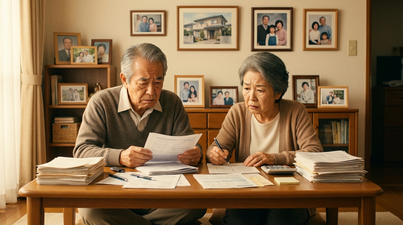リビングで遺言書について悩んでいる様子の熟年夫婦のイラスト