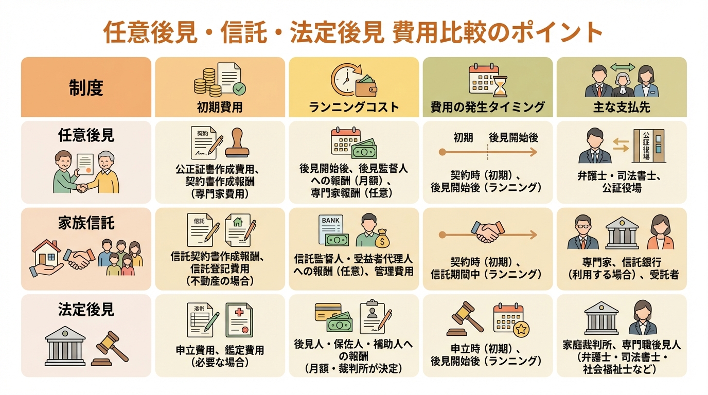任意後見・家族信託・法定後見の費用比較表。初期費用とランニングコストの違いが一目でわかる。
