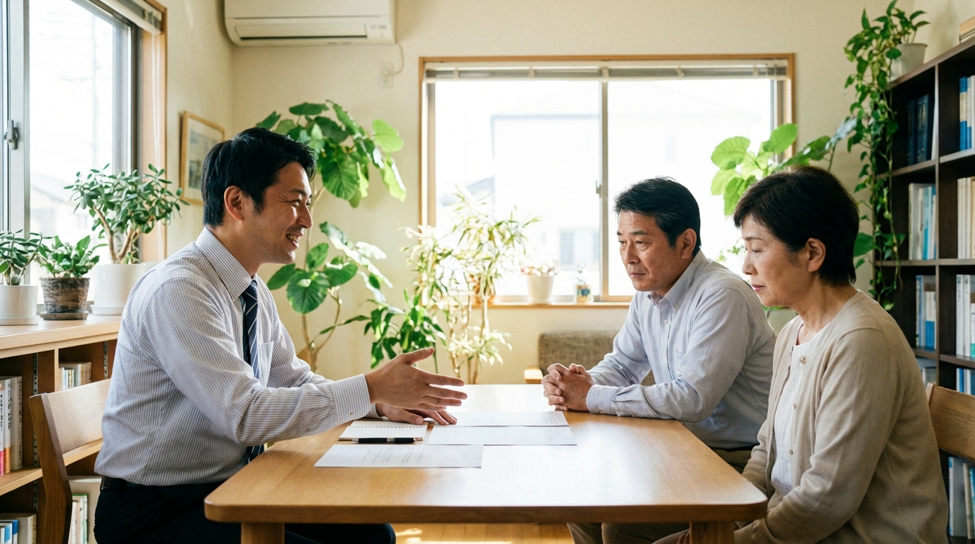 司法書士に相談する家族。高齢の母親と50代の夫婦が、司法書士から成年後見制度や家族信託についての説明を安心した様子で聞いている。