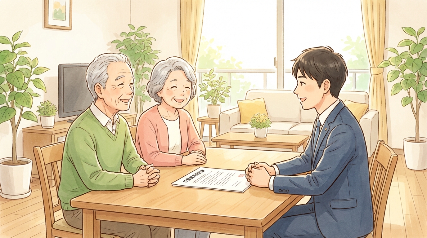 任意後見契約について司法書士と相談する老夫婦のイラスト。将来への備えをすることで安心感を得ている様子。