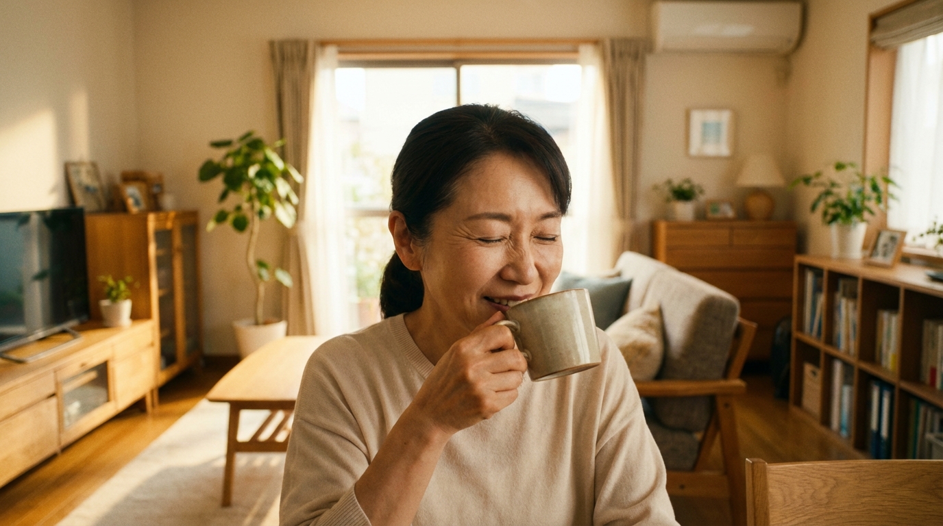 相続手続きのストレスから解放され、自宅でリラックスしてコーヒーを飲む女性。専門家への依頼で心の平穏を取り戻した様子を象徴している。