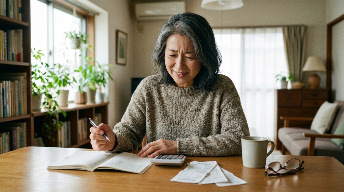 リビングで家計簿をつけながら少し安心した表情を浮かべる女性。成年後見人の財産管理のプレッシャーから少し解放された様子。