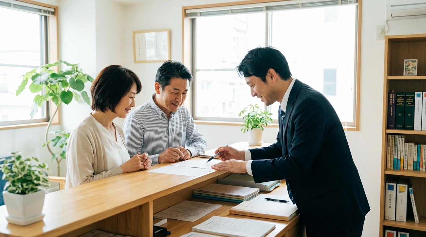 司法書士に相続の相談をする夫婦。専門家からの説明を受け、不安が和らいでいる様子。