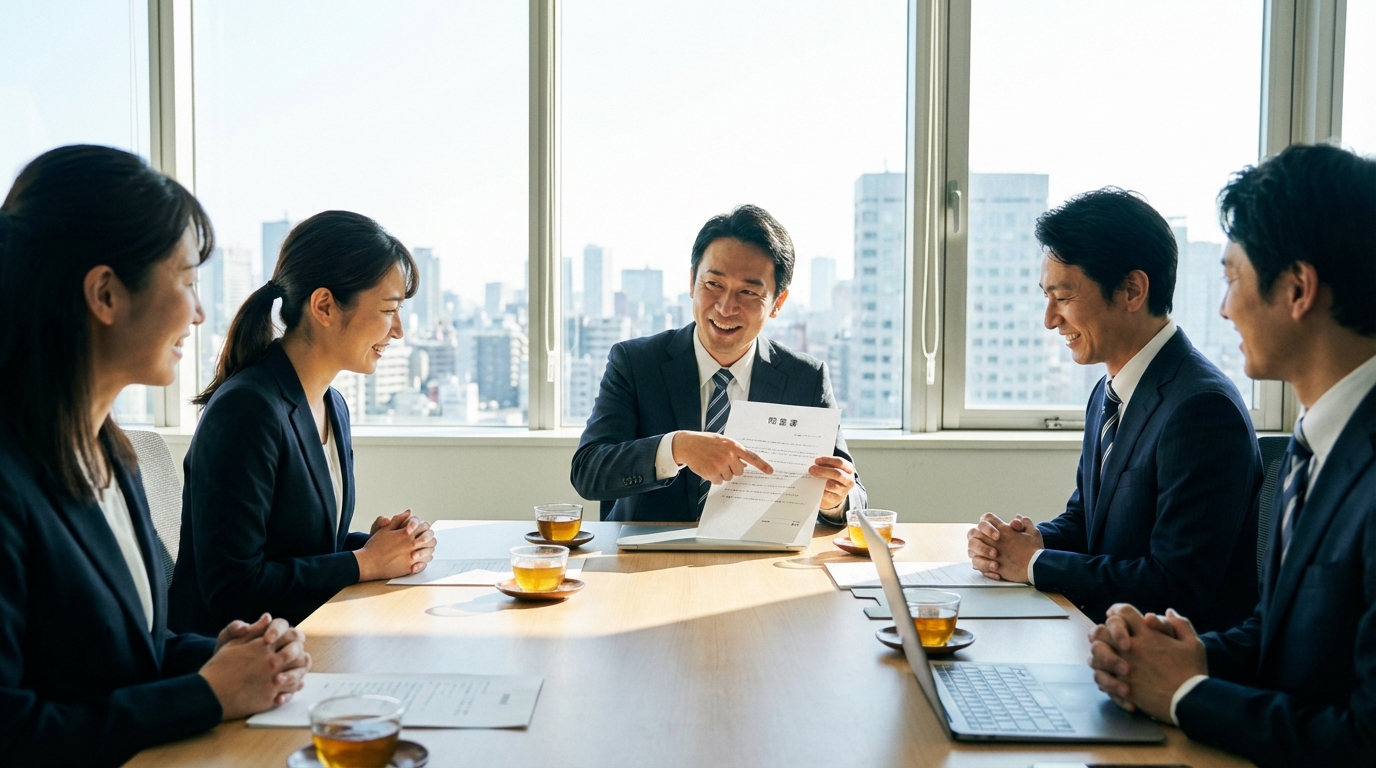 複数の株主がテーブルを囲んで、みなし決議のための同意書に納得し、協力し合っている様子の写真。