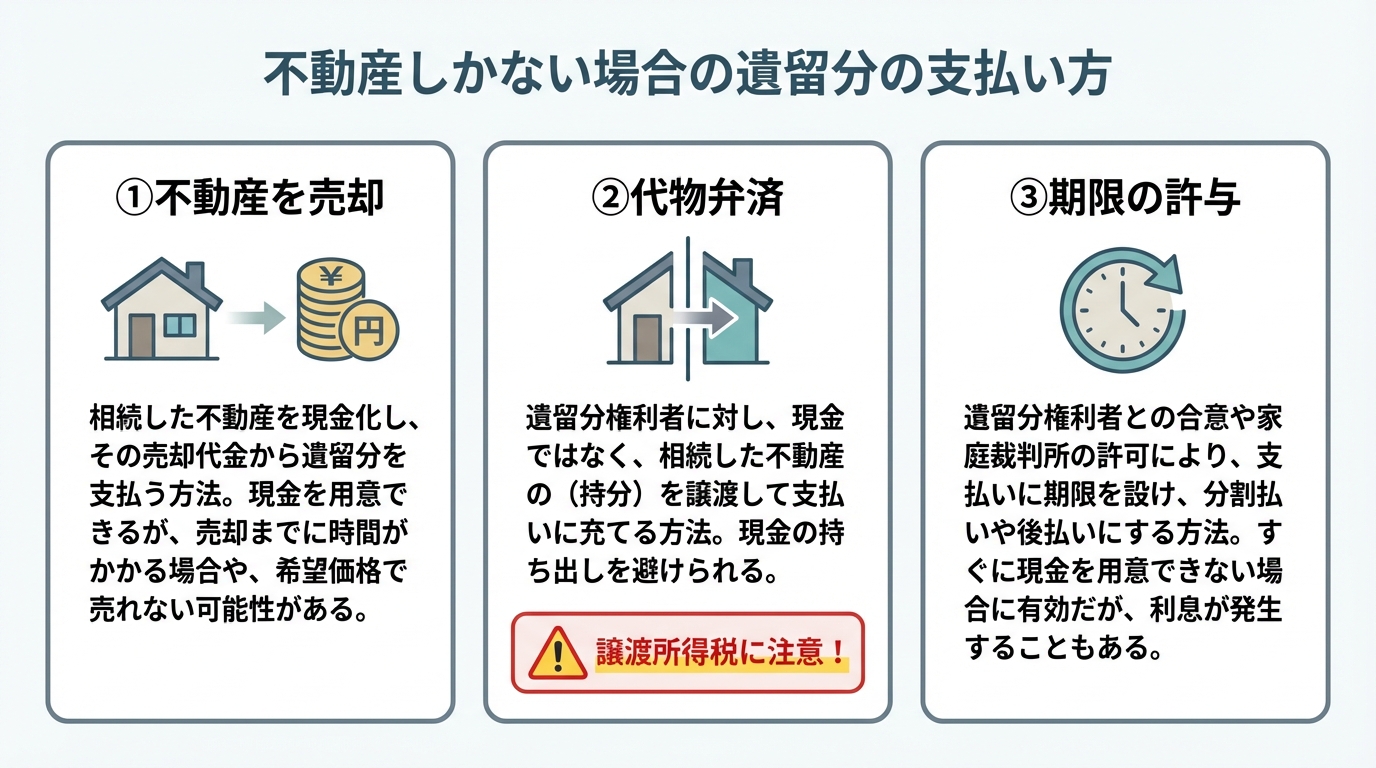 相続財産が不動産しかない場合の遺留分の支払い方3つの方法。不動産売却、代物弁済、期限の許与という選択肢を図解している。