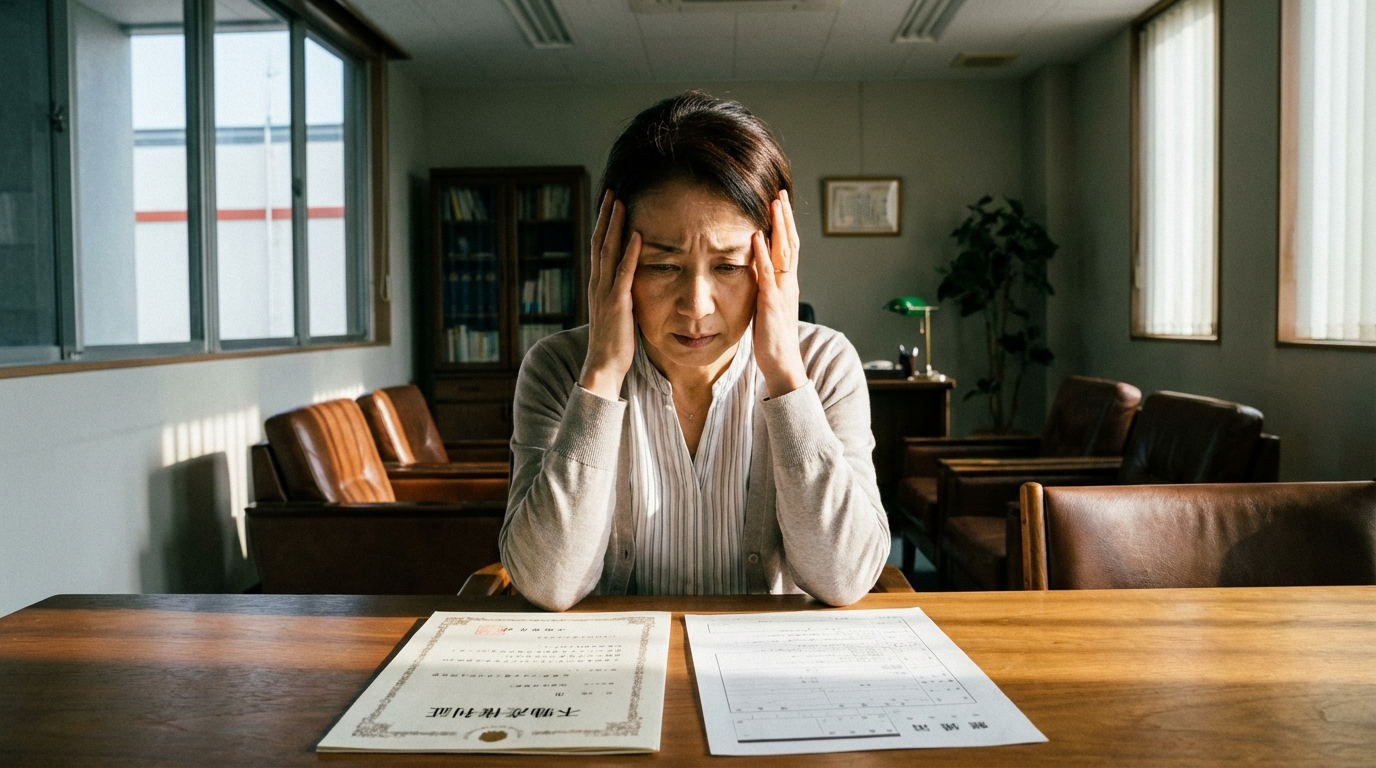 離婚後の不動産手続きに悩み、頭を抱える女性。