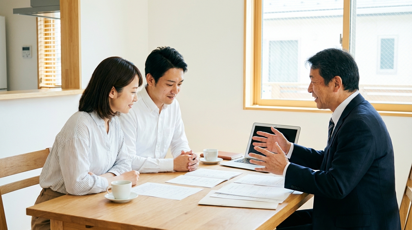 司法書士が一般社団法人設立を検討している相談者と打ち合わせをしている様子。社会的信用の向上について説明している。