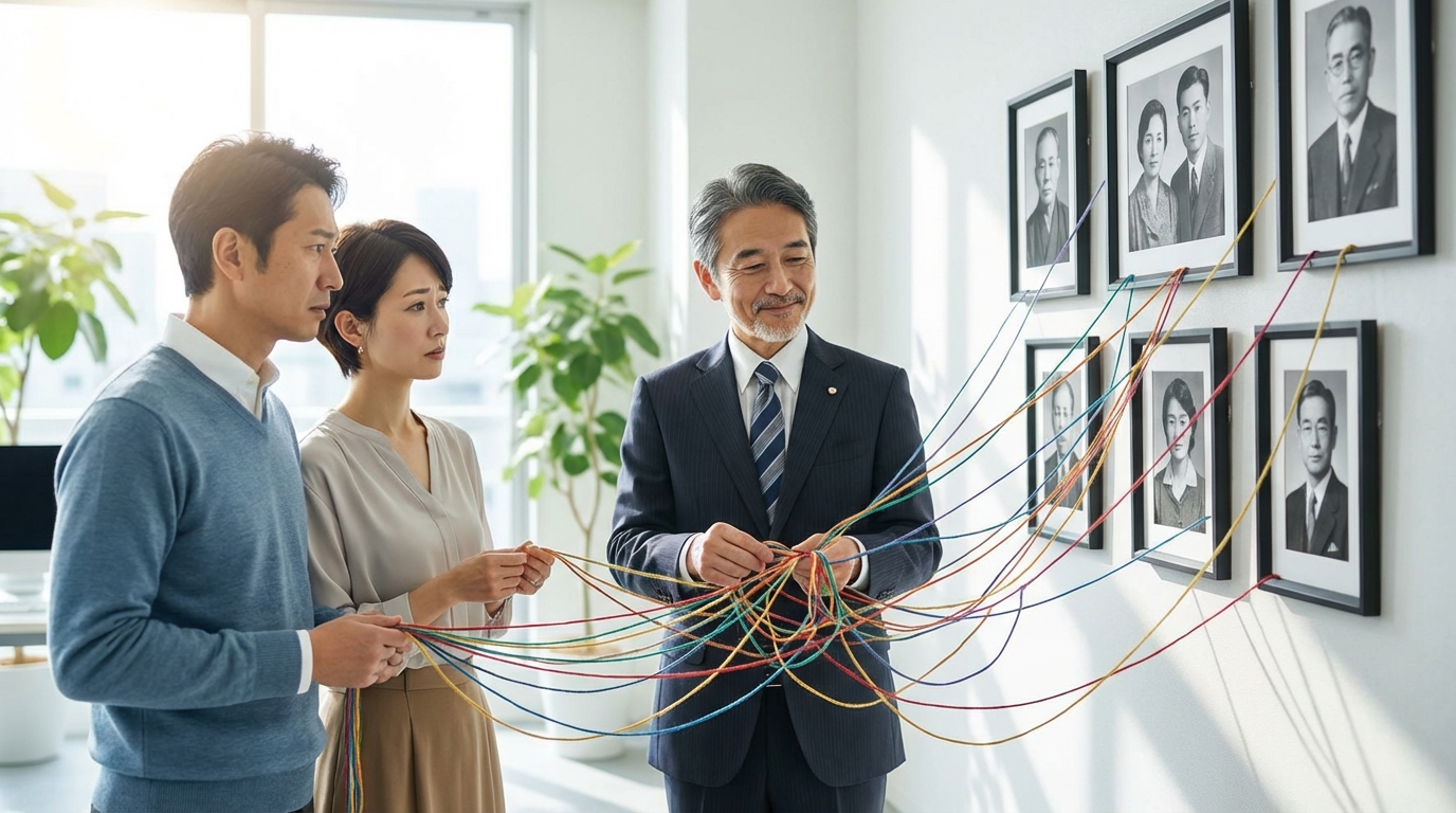 数世代にわたる複雑な相続問題を、司法書士と一緒に解決しようとしている家族のイラスト。過去の世代から続く問題を自分の代で終わらせる決意を象徴している。