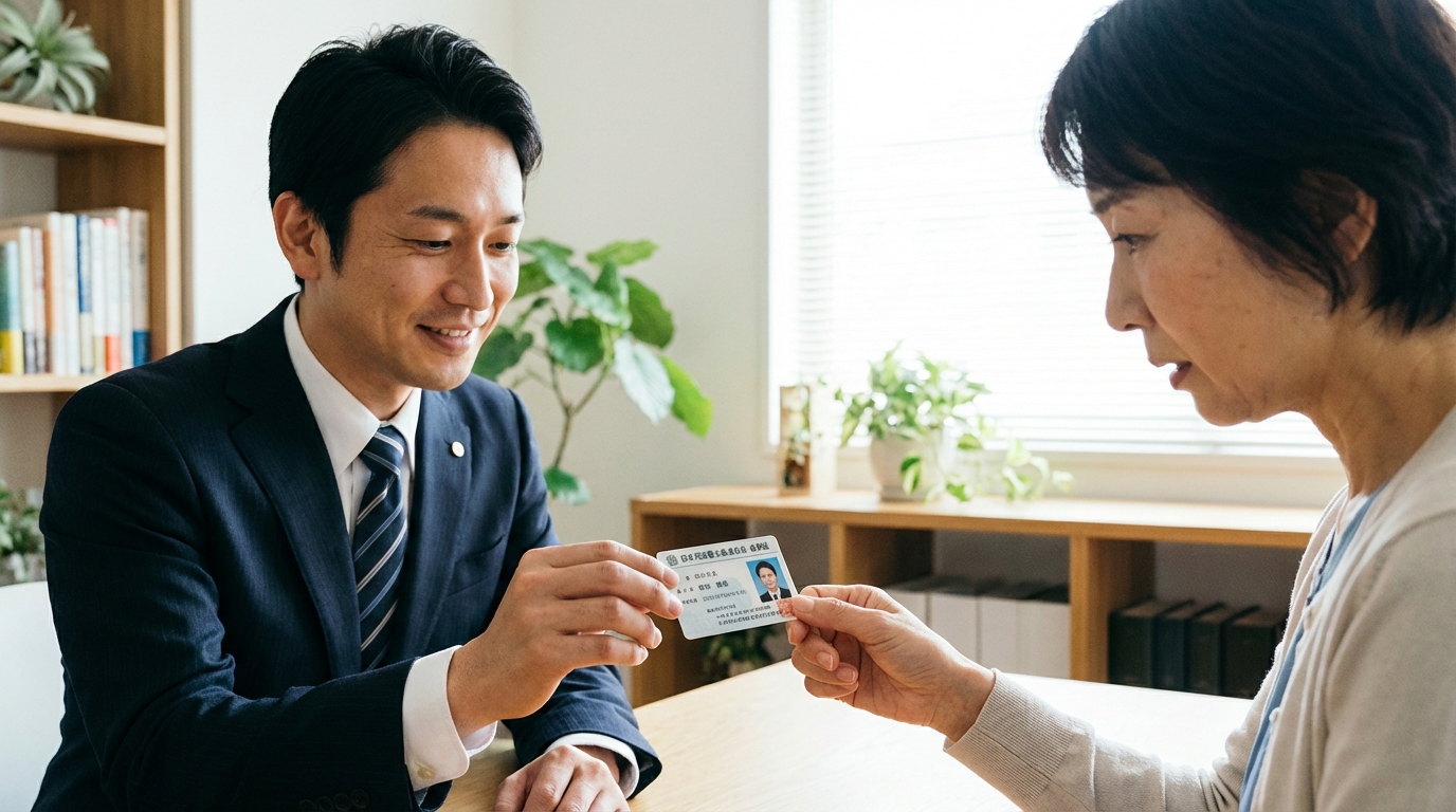 司法書士が相談者に身分を証明するために会員証を提示している様子。誠実な対応で不信感を解消するイメージ。