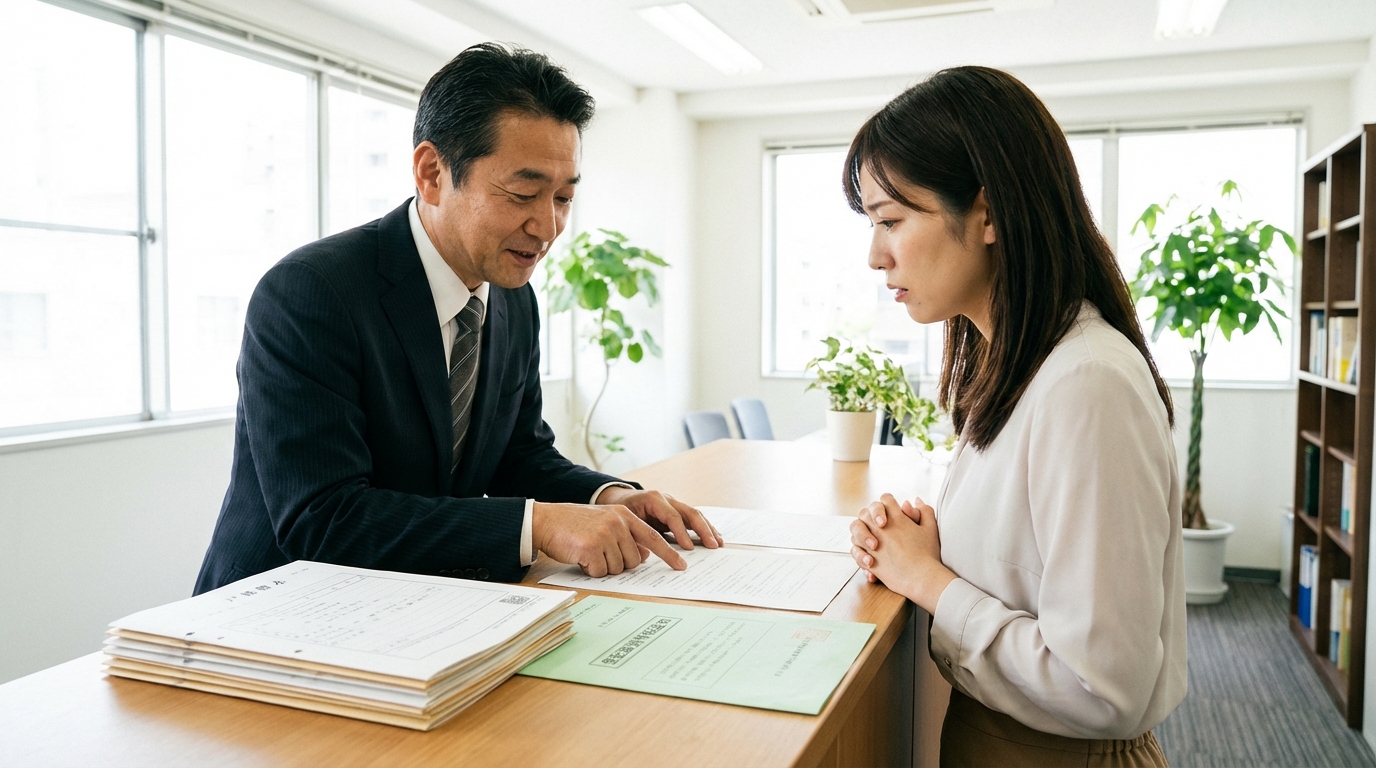 司法書士がクライアントに数次相続と相続放棄が絡む複雑な不動産登記手続きについて説明している様子。