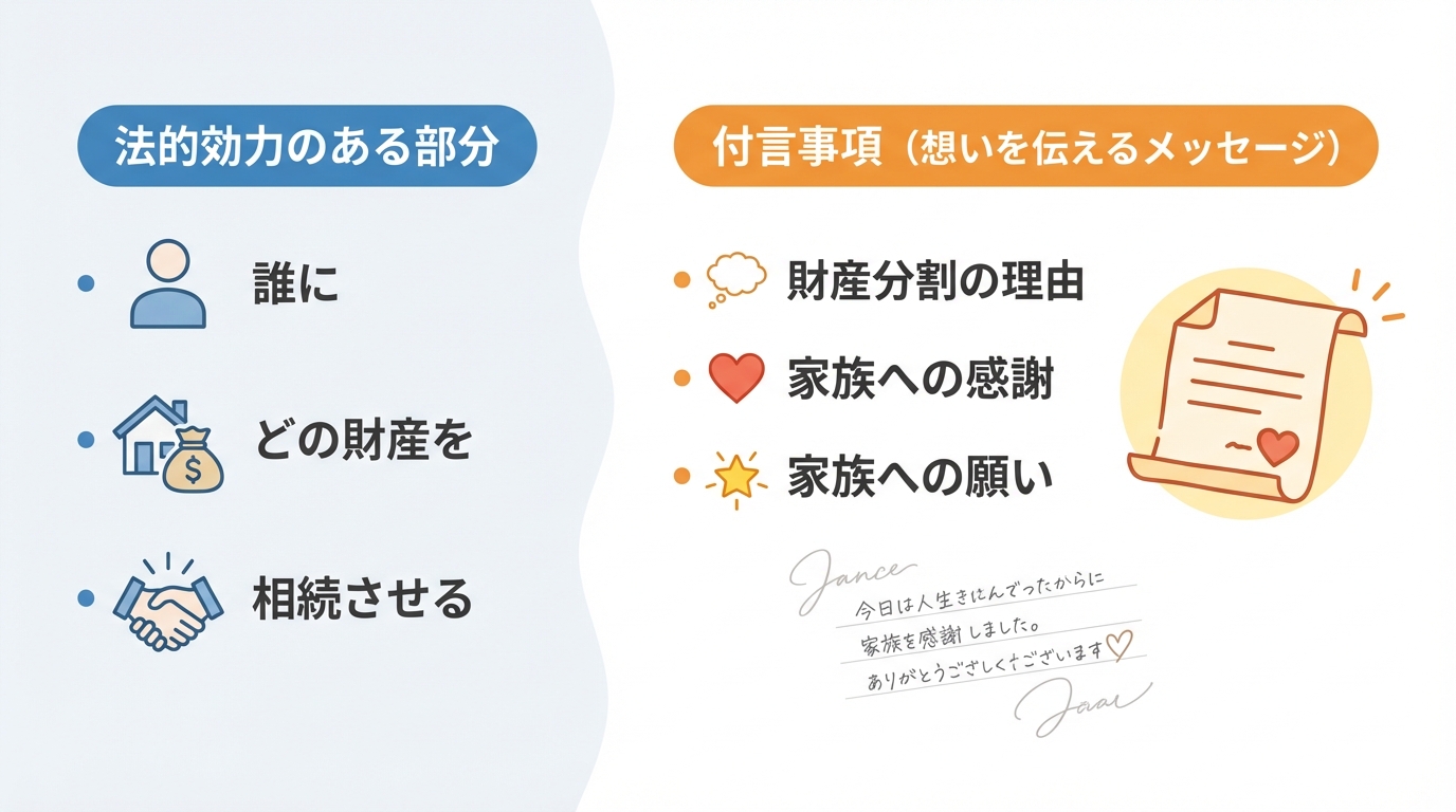 遺言書の法的効力部分と、想いを伝える付言事項の役割の違いを比較した図解。
