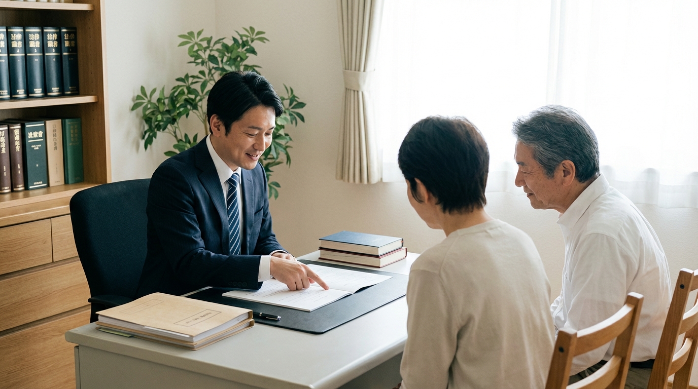 司法書士に遺言書作成の相談をし、安心している夫婦の様子
