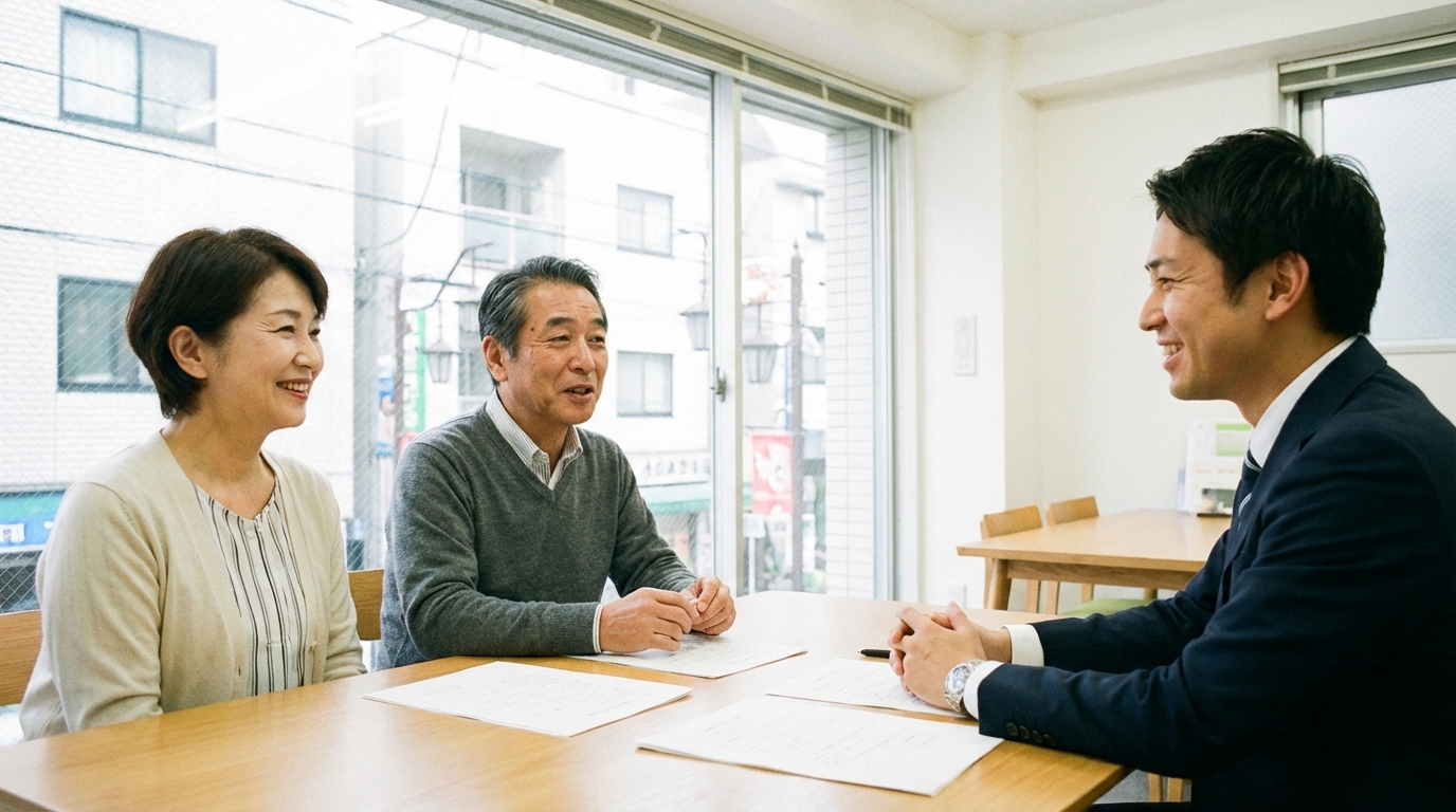 司法書士が相談者の話を親身になって聞いている、安心感のある相談風景。